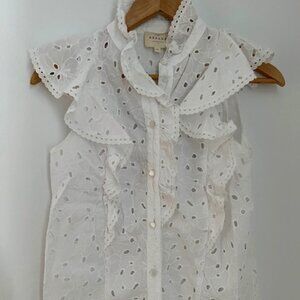 Sezane White Chiara Eyelet Ruffled Cotton Blouse (XS / US 2 / FR 34)
